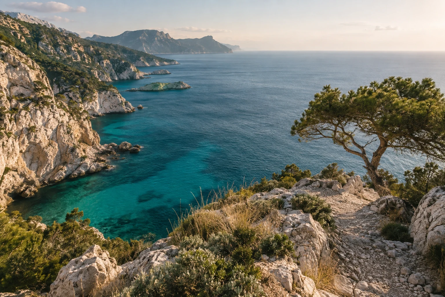 A sunlit coastal path above clear Mediterranean water