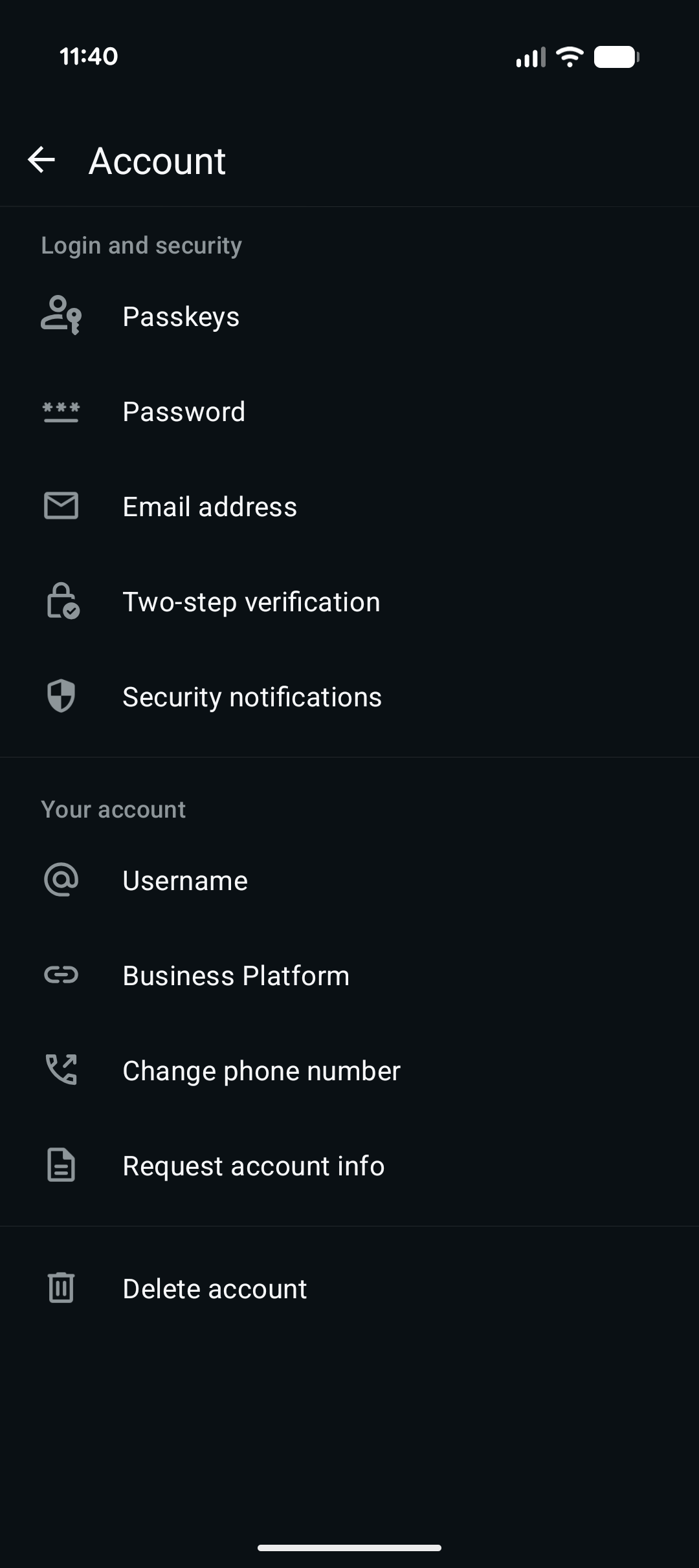 The Account menu in WhatsApp Business, including Business Platform.