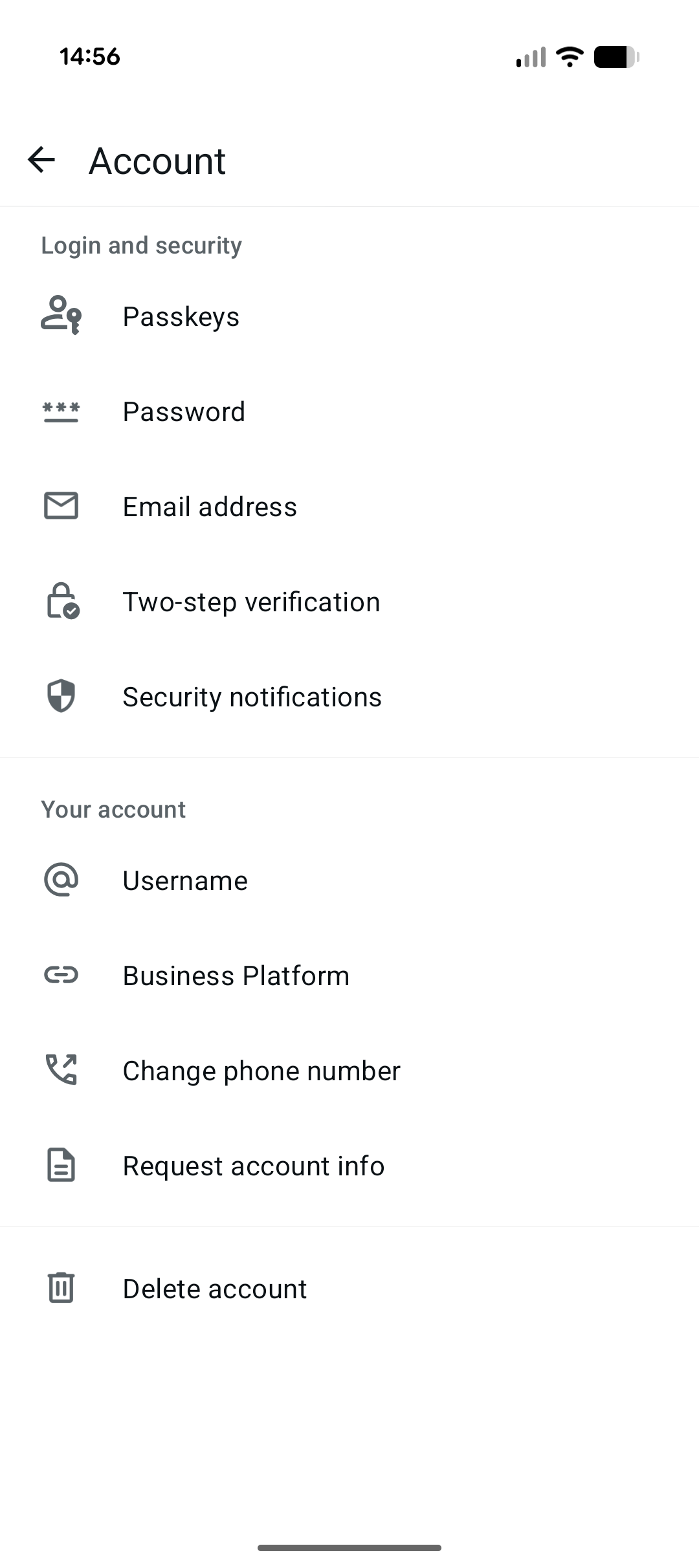 The Account menu in WhatsApp Business, including Business Platform.
