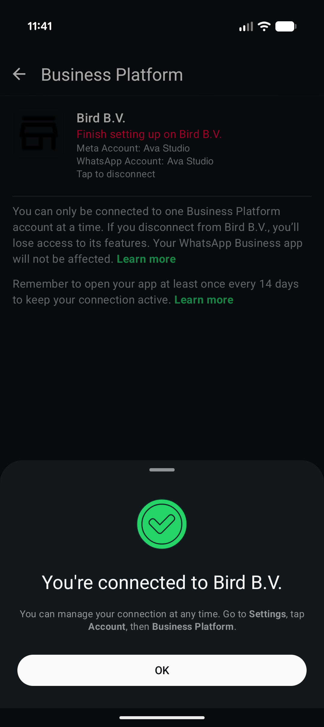 WhatsApp Business connected to Bird B.V. with example account names