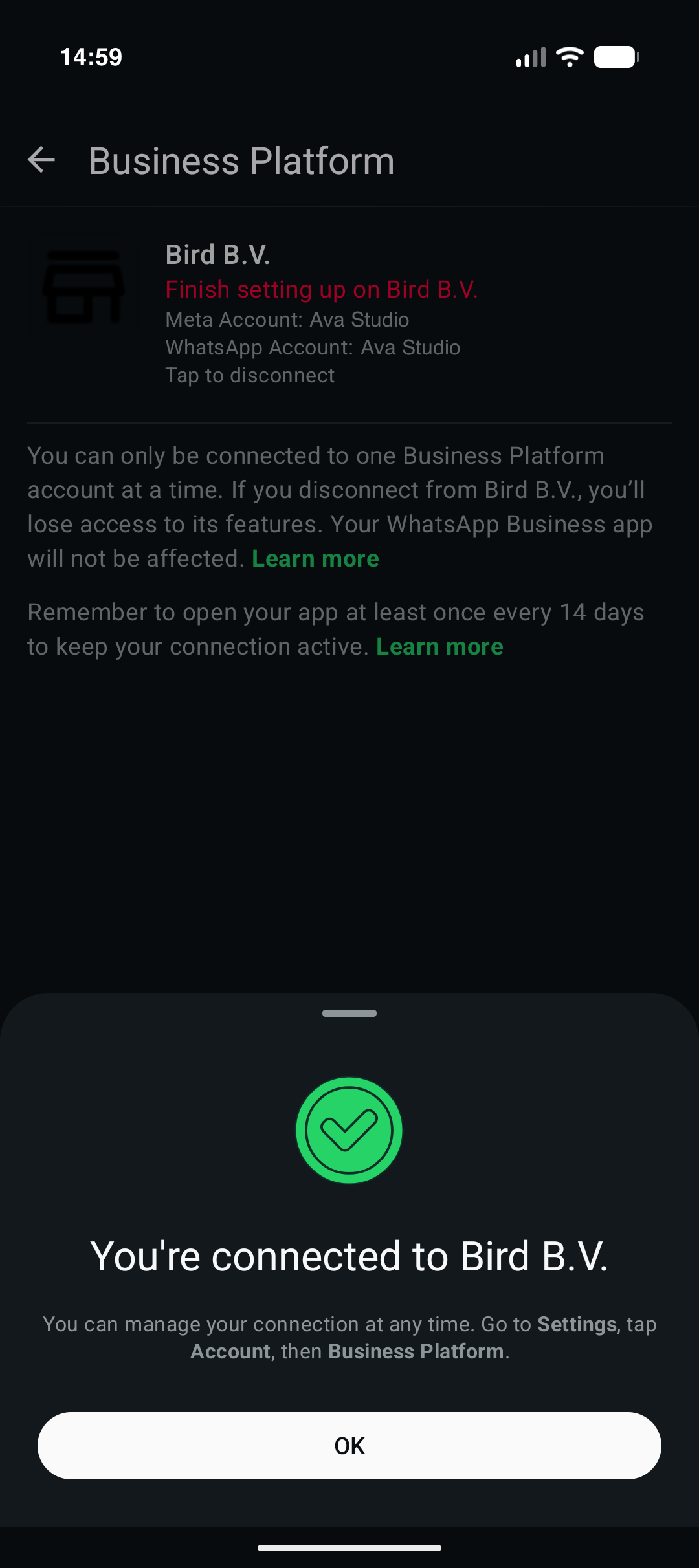 WhatsApp Business connected to Bird B.V. with example account names