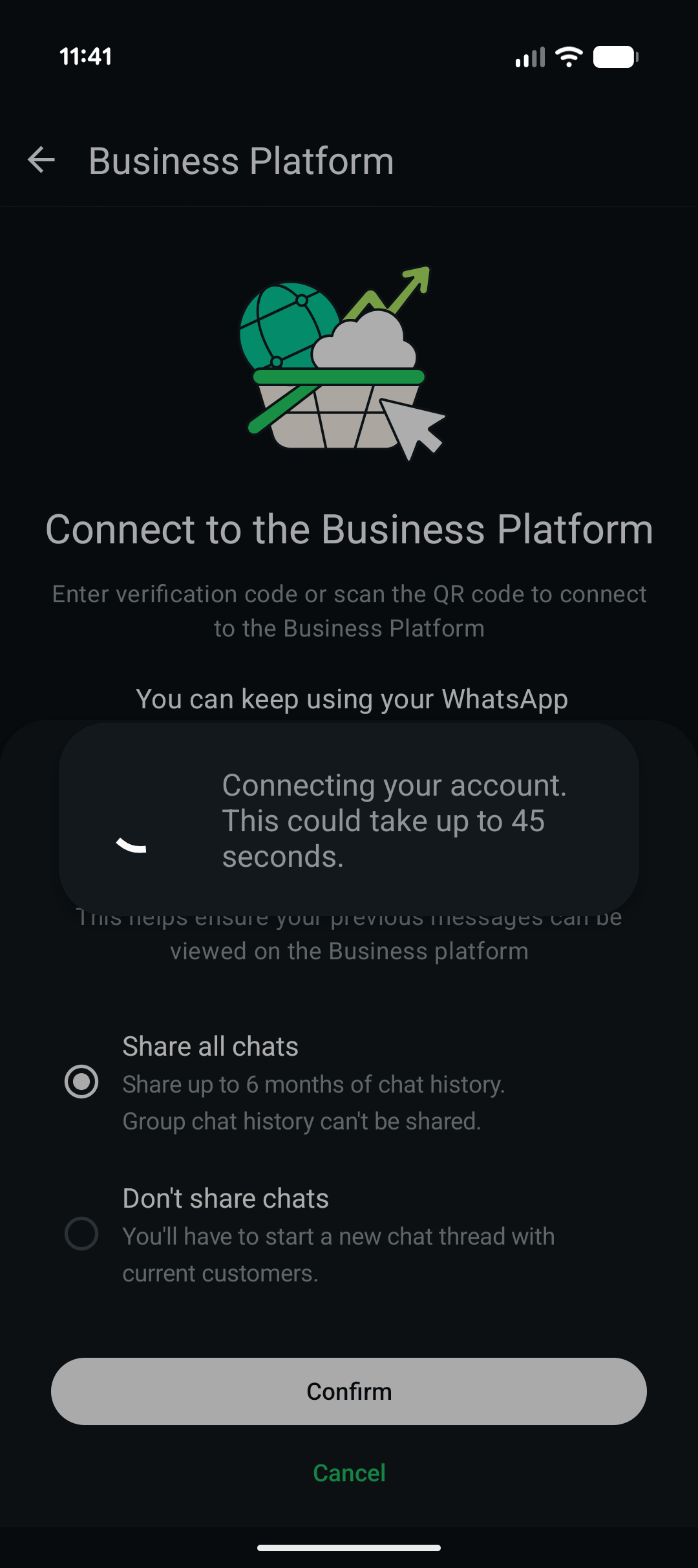 WhatsApp Business connecting the account, with a message that this could take up to 45 seconds.