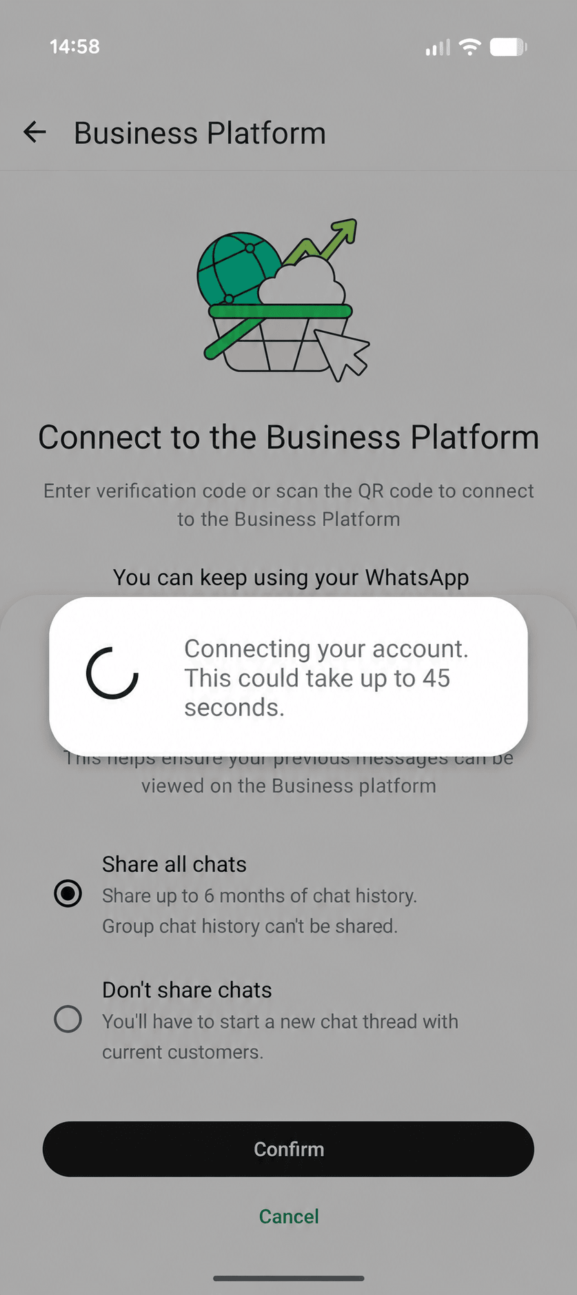 WhatsApp Business connecting the account, with a message that this could take up to 45 seconds.