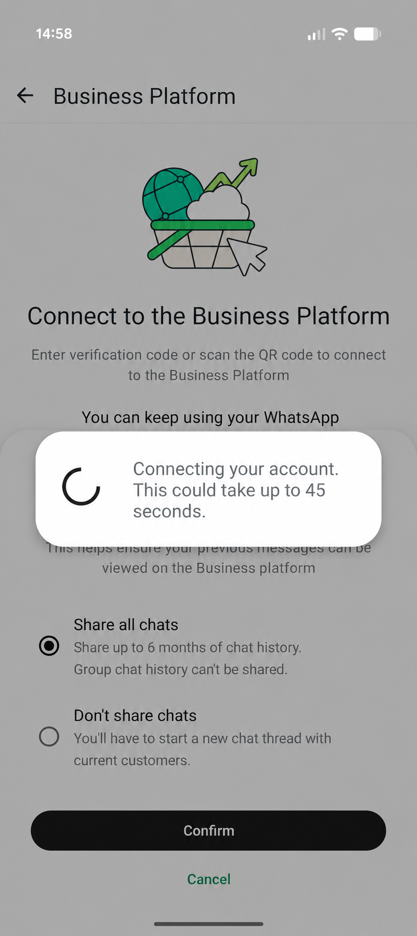 WhatsApp Business connecting the account, with a message that this could take up to 45 seconds.