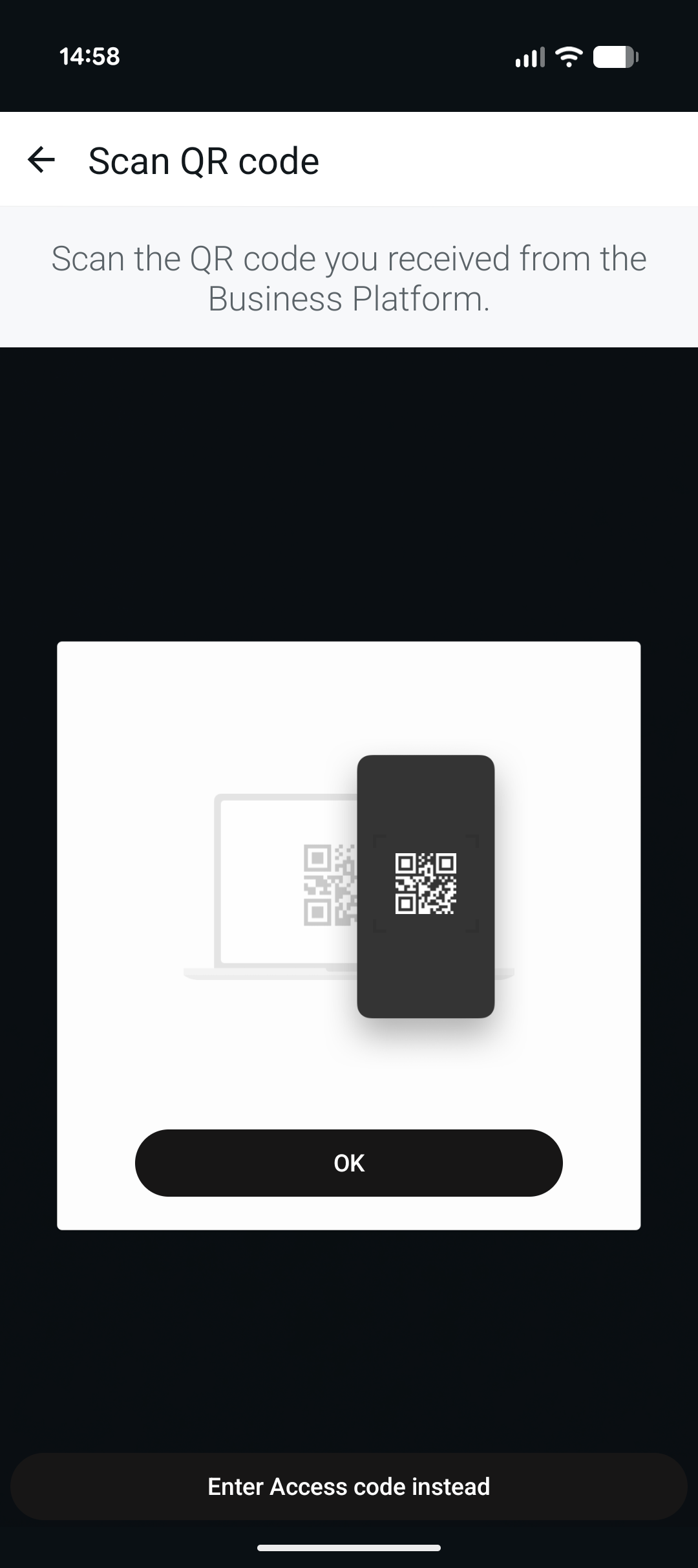 The Scan QR code instructions with an OK button to open the camera.