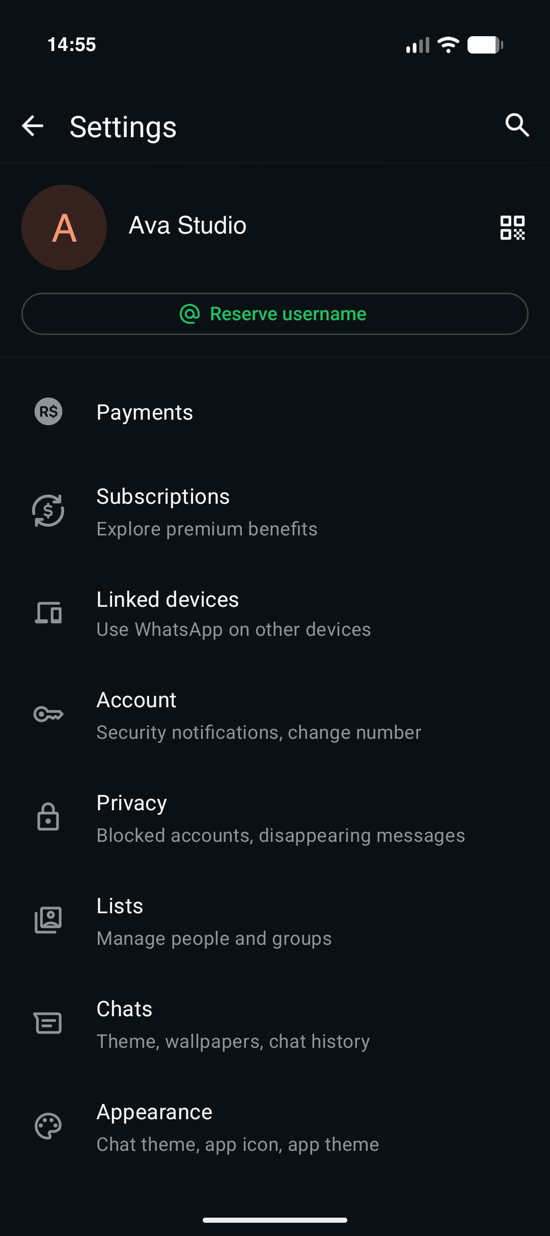 WhatsApp Business Settings with the Account option.