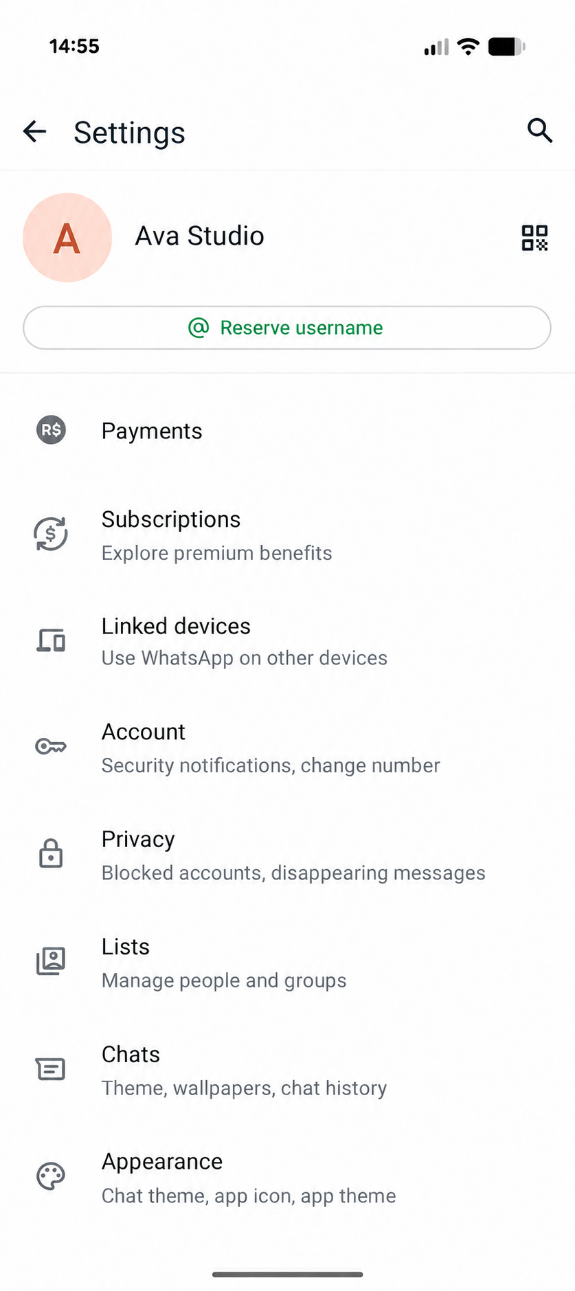 WhatsApp Business Settings with the Account option.