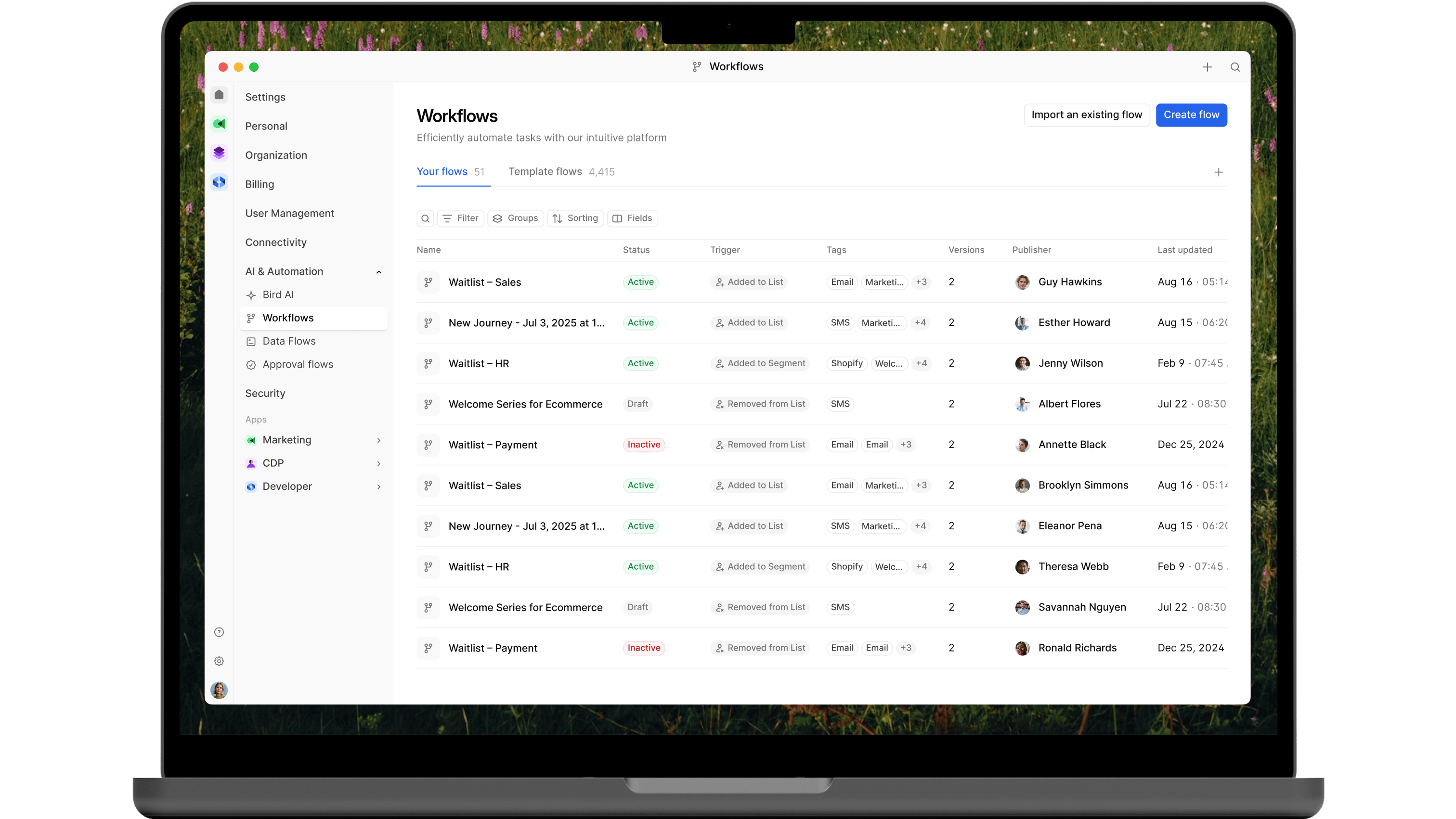 Bird's workflow management platform interface, featuring a list of tasks with various statuses and options for creating new workflows, illustrating the theme of intelligent automation.