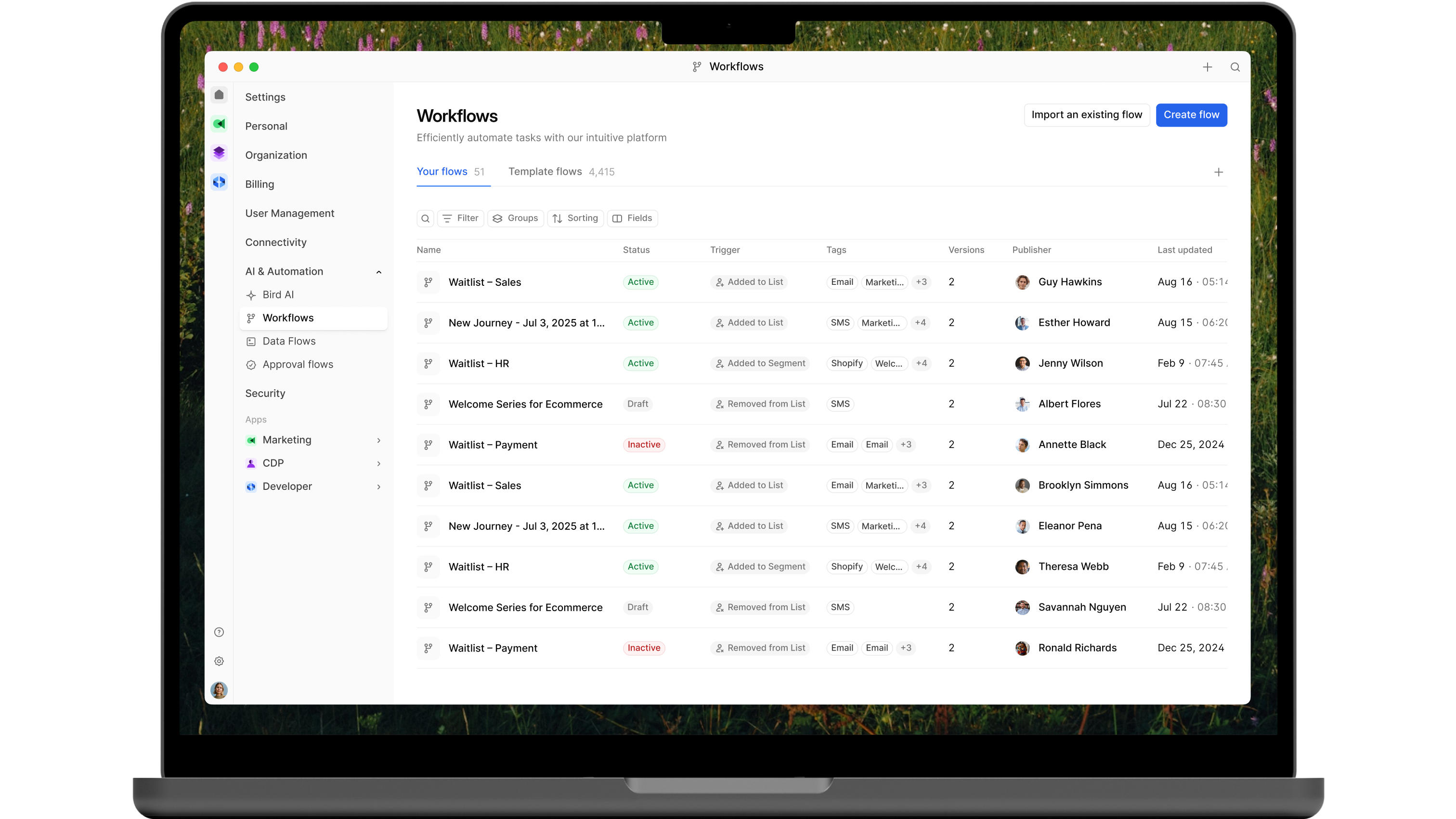 Bird's workflow management platform interface, featuring a list of tasks with various statuses and options for creating new workflows, illustrating the theme of intelligent automation.