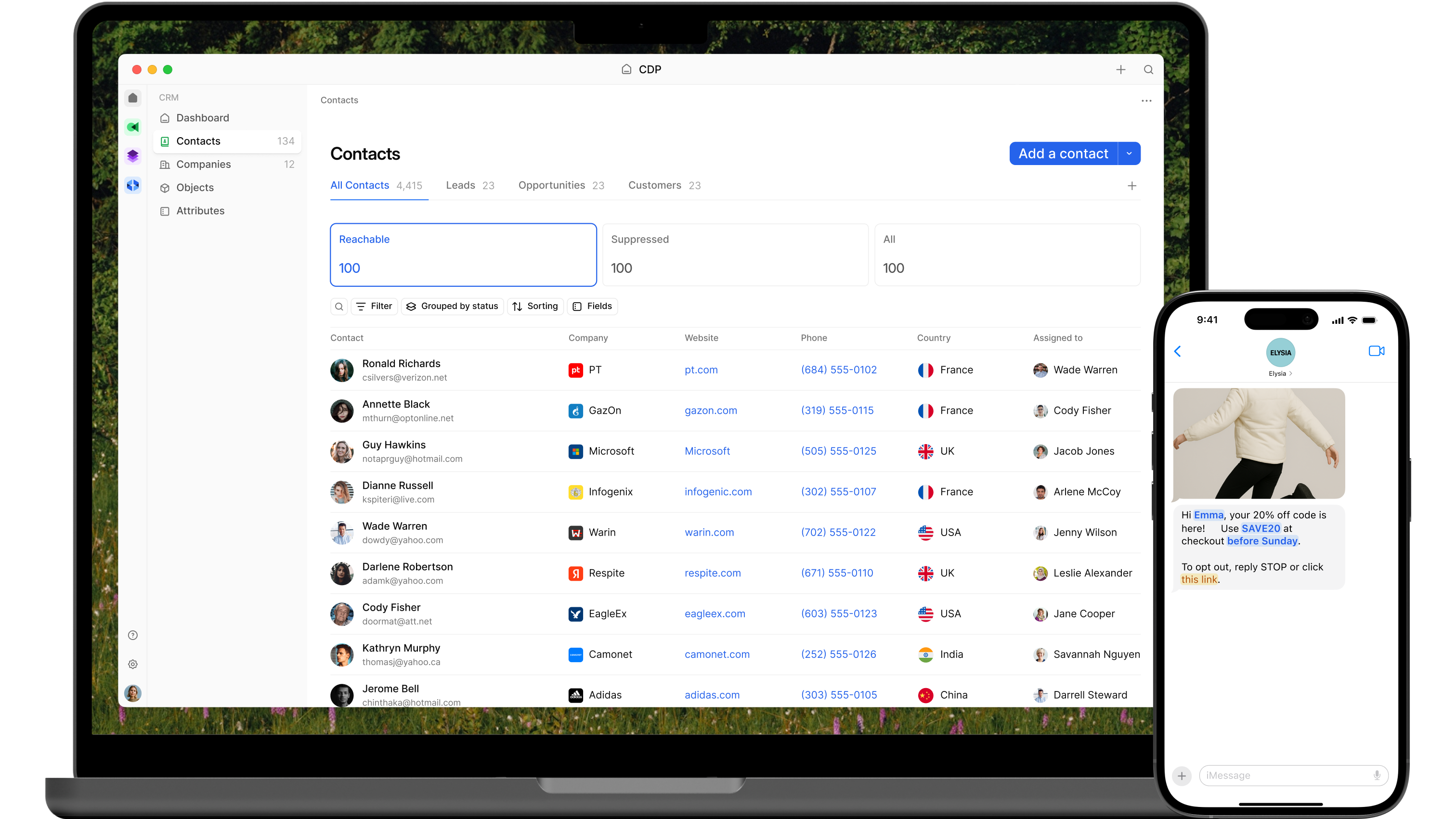 Bird's CRM dashboard with a contact list and various metrics