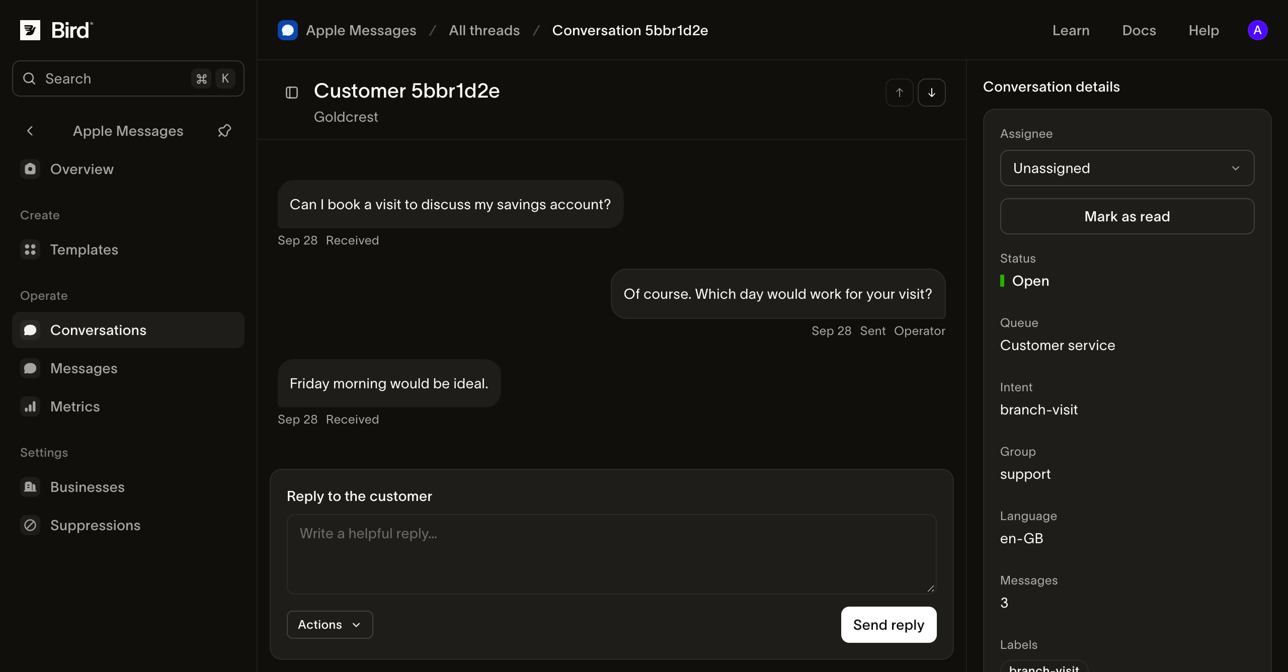 Goldcrest conversation showing the customer transcript, assignee, routing context, and reply composer.