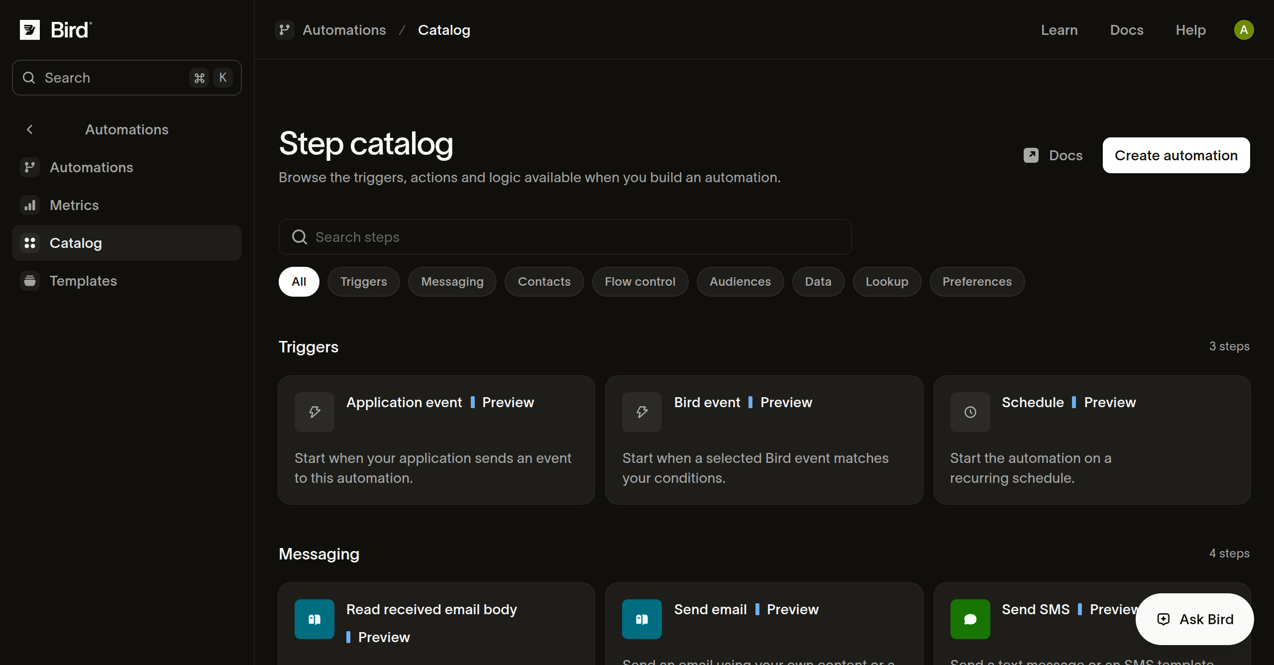 Step catalog with category filters and cards for available automation triggers and messaging actions