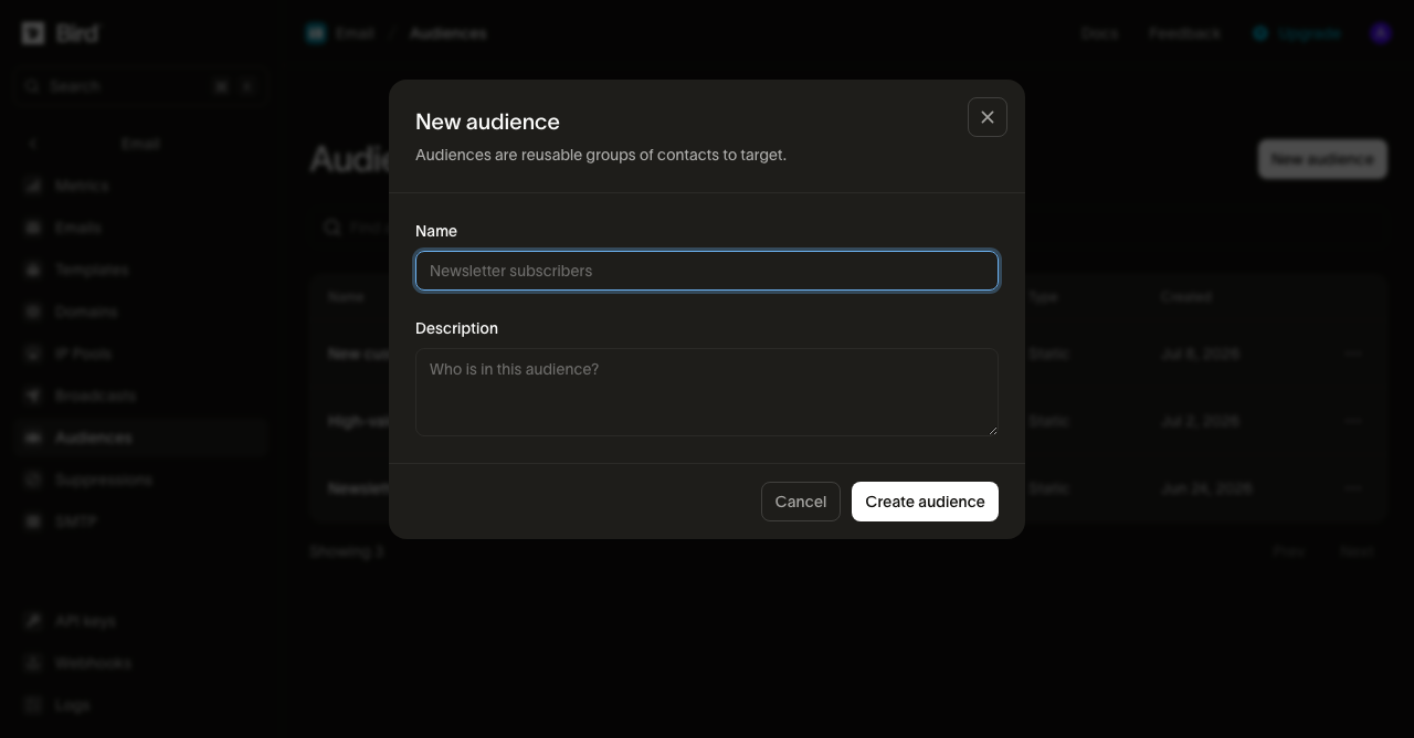 The detail page of the Newsletter subscribers audience in the Bird dashboard, showing its members table with each member's email, name, and join date