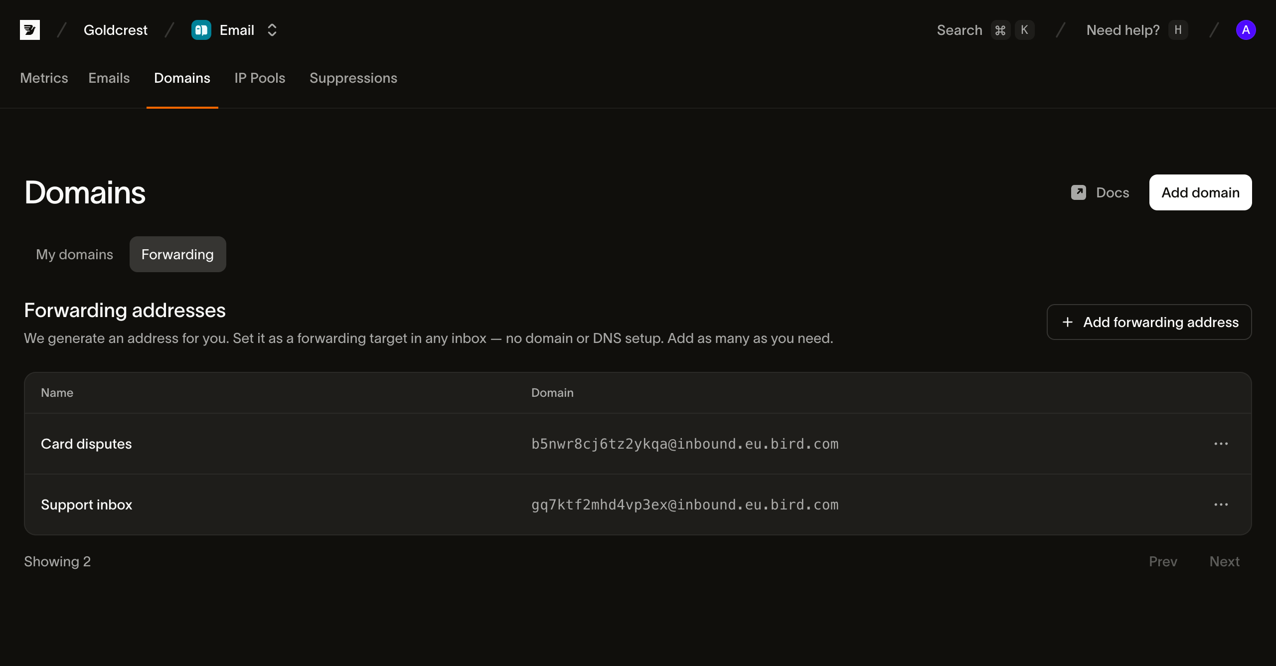 The Forwarding tab of the Domains page in the Bird dashboard: two forwarding addresses (Support inbox, Card disputes) with their generated inbound addresses, and the Add forwarding address button