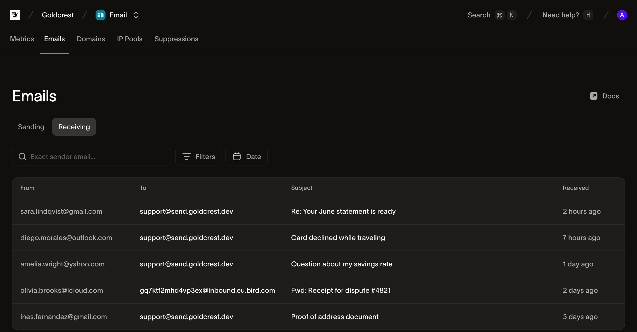 The Receiving tab of the Emails page in the Bird dashboard, listing received messages with sender, recipient, subject, and received time