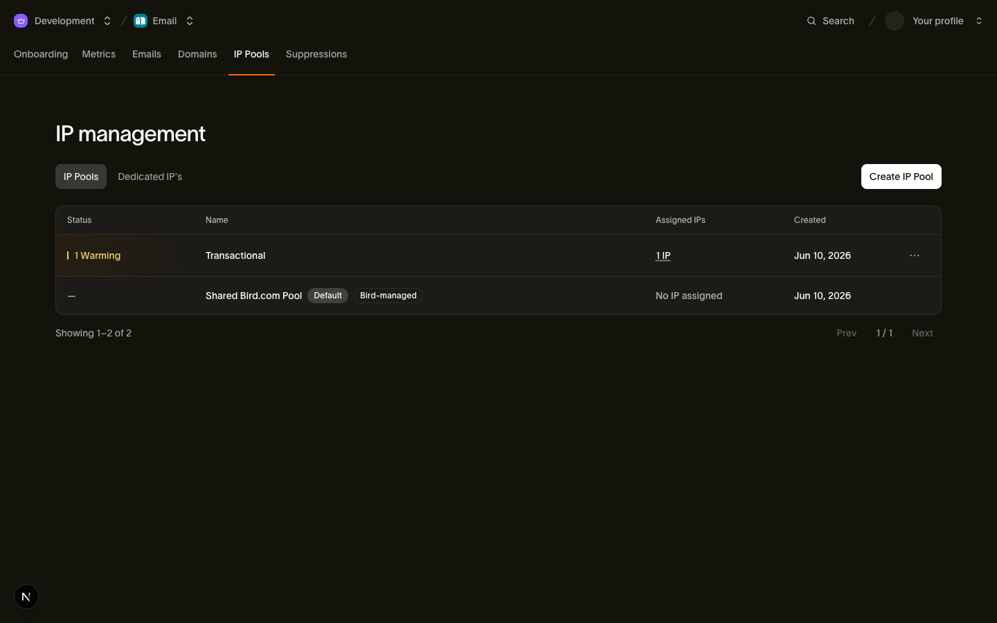 The IP Pools view in the Bird dashboard, listing a custom pool with a warming IP alongside the protected Shared Bird.com Pool marked as default