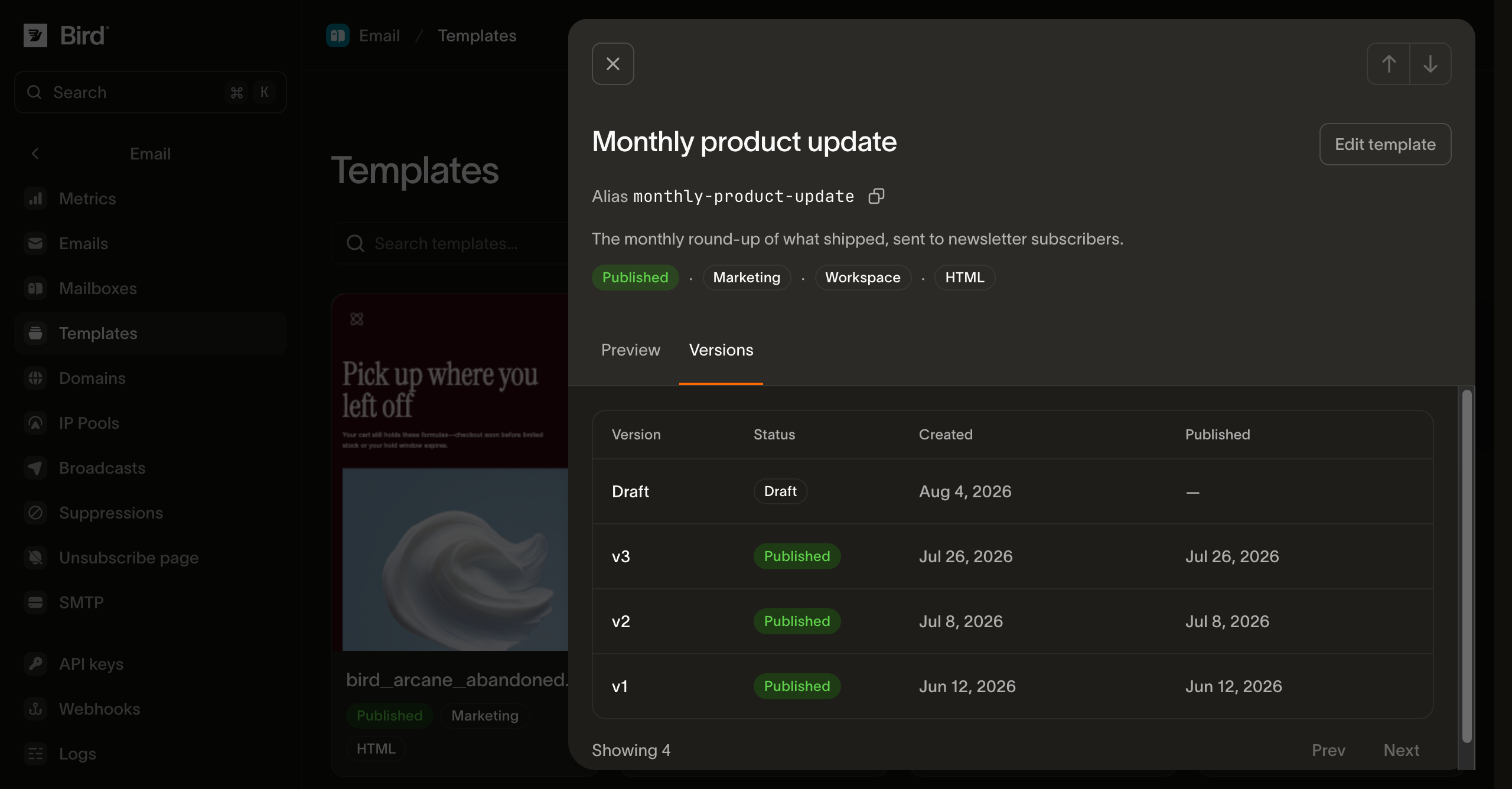The Versions tab of a template in the dashboard, listing four rows in a table with Version, Status, Created, and Published columns: one row labeled Draft with no published date, then v3, v2, and v1 each marked Published with the date it was published