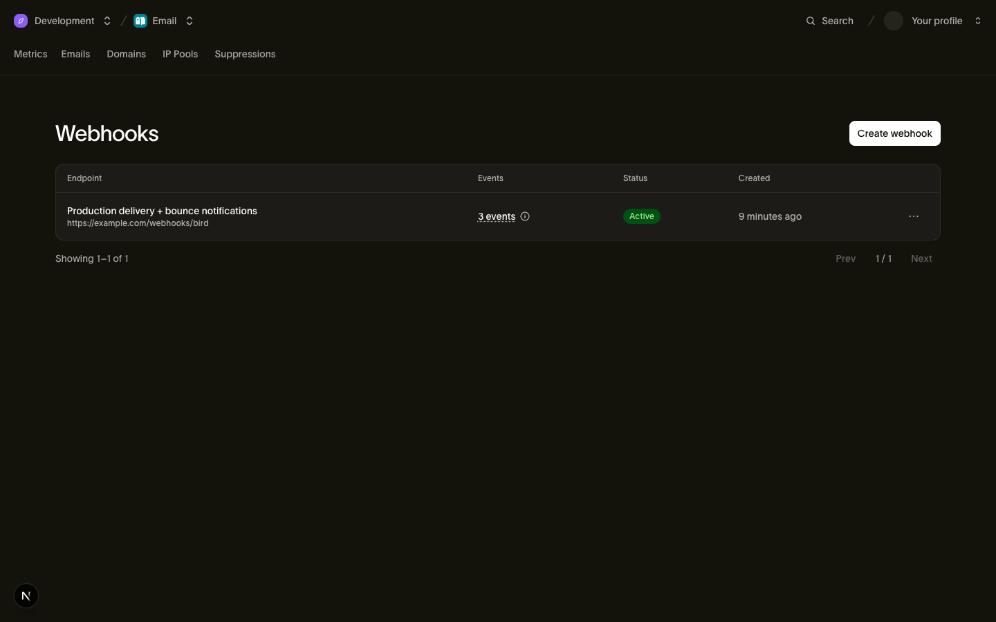 The Webhooks page in the Bird dashboard, listing an active endpoint with its subscribed events