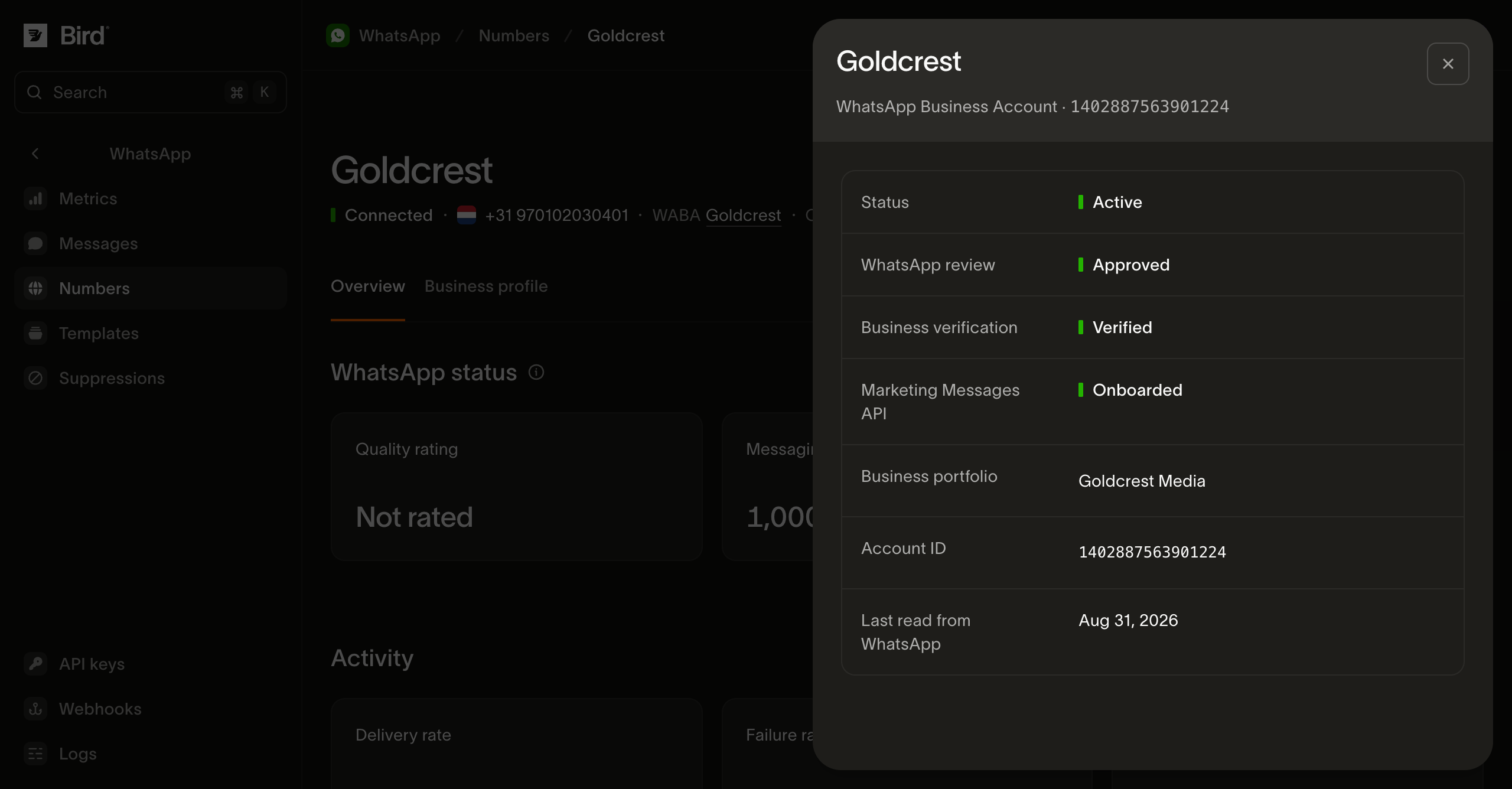 The Goldcrest WhatsApp Business Account sheet in the Bird dashboard, opened over the dimmed number detail page: Status Active, WhatsApp review Approved, Business verification Verified, Marketing Messages API Onboarded, then Business portfolio, Account ID, and the date the account was last read from WhatsApp