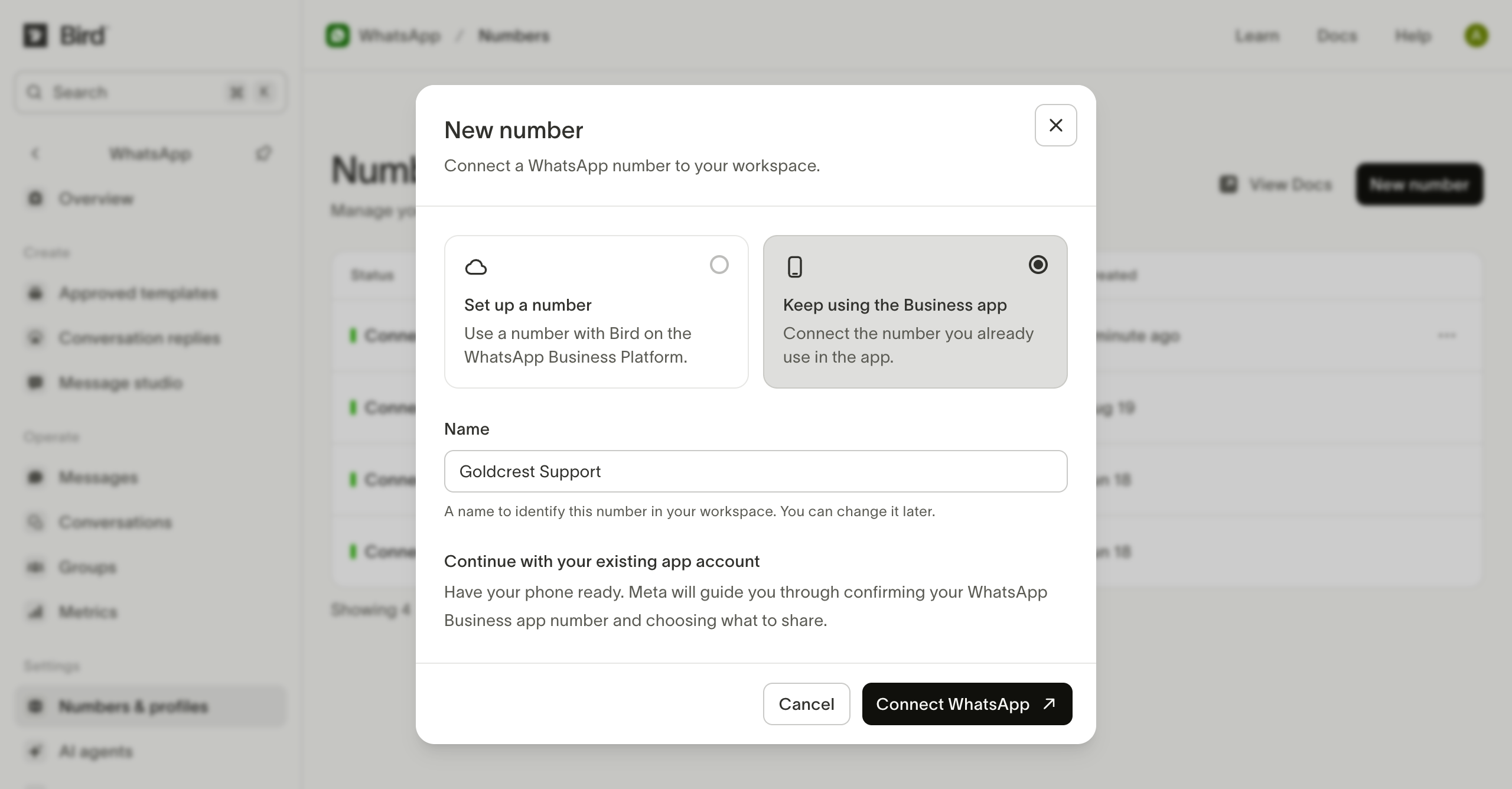 The WhatsApp Numbers page with New number open, Keep using the Business app selected, and Connect WhatsApp.