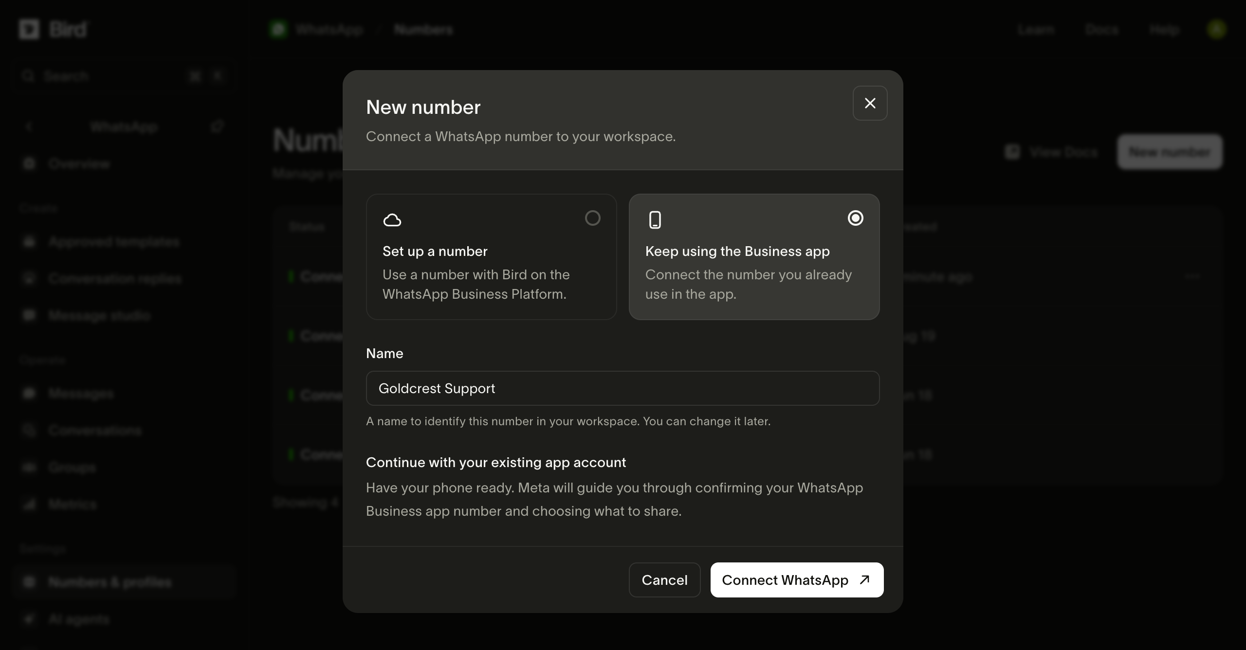 The WhatsApp Numbers page with New number open, Keep using the Business app selected, and Connect WhatsApp.