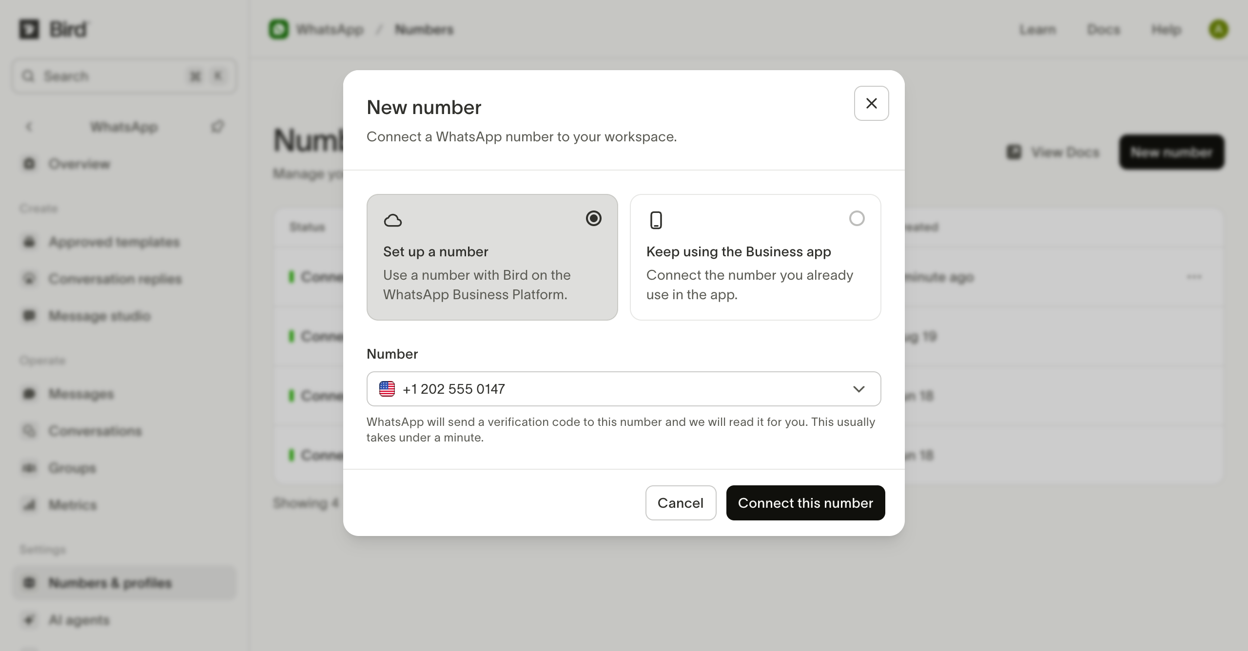 The WhatsApp Numbers page with New number open, Set up a number and the allocated US number selected.