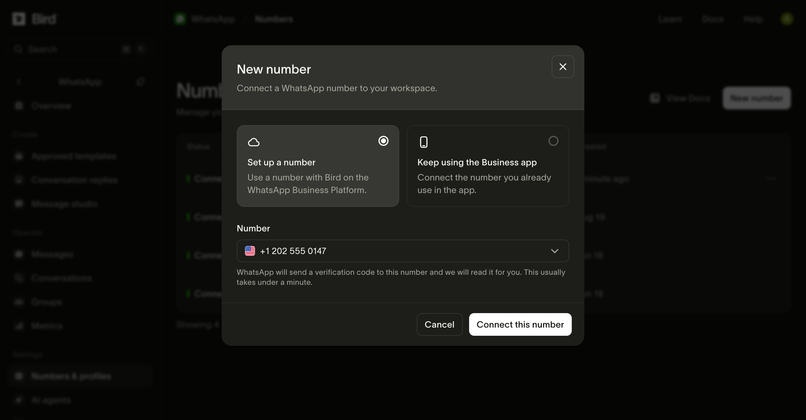 The WhatsApp Numbers page with New number open, Set up a number and the allocated US number selected.