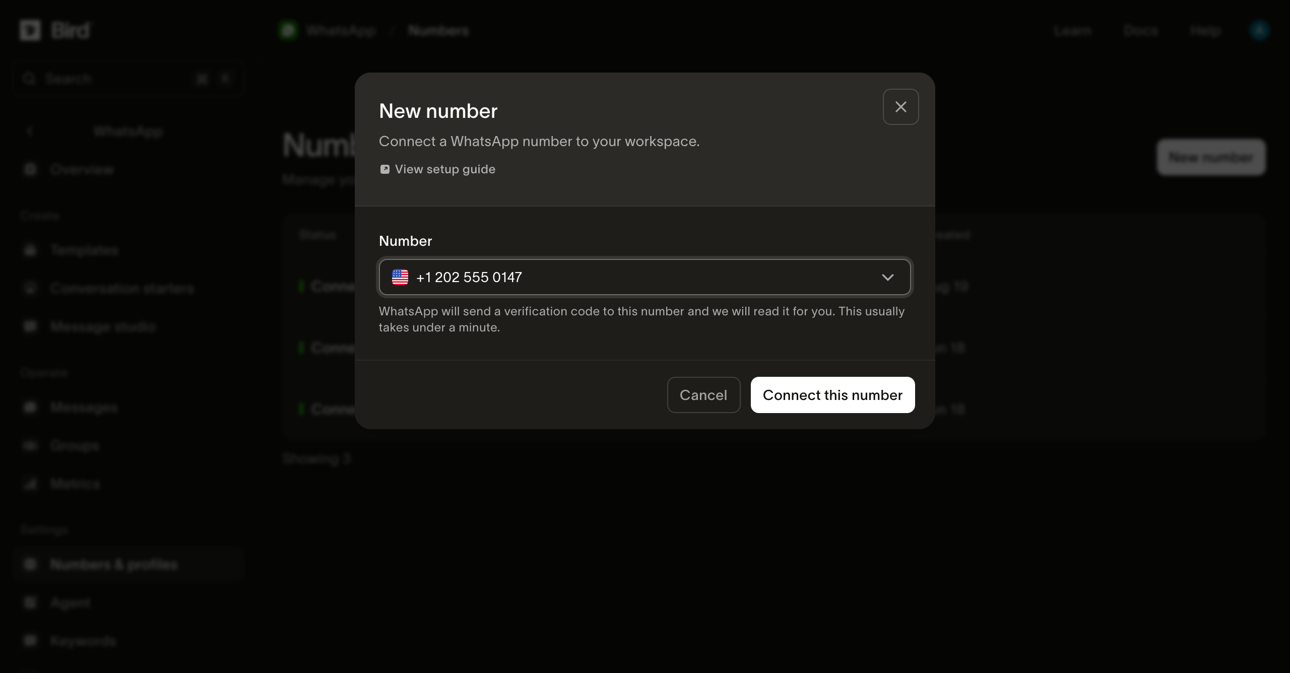 The New number dialog with a number held by the workspace selected.
