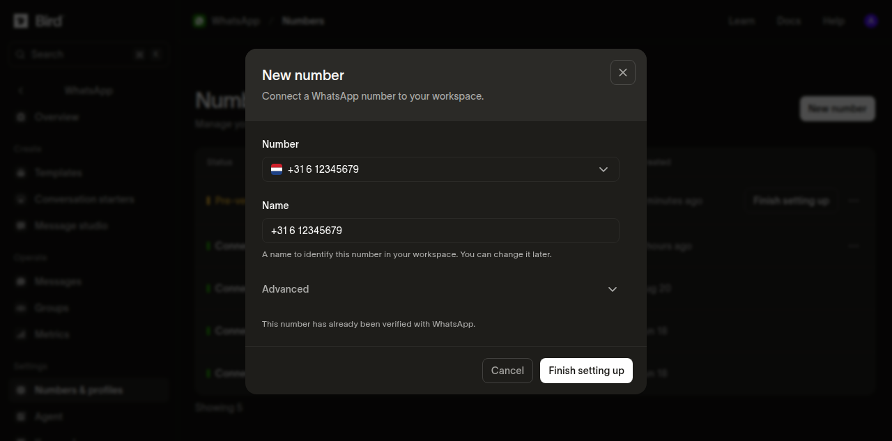 The verified number ready for Finish setting up in Bird.