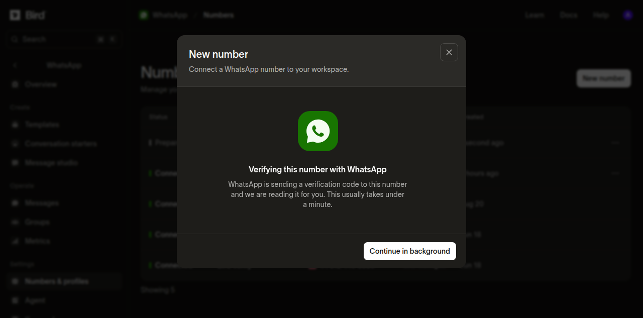Bird verifying the selected number with WhatsApp, with a Continue in background button.