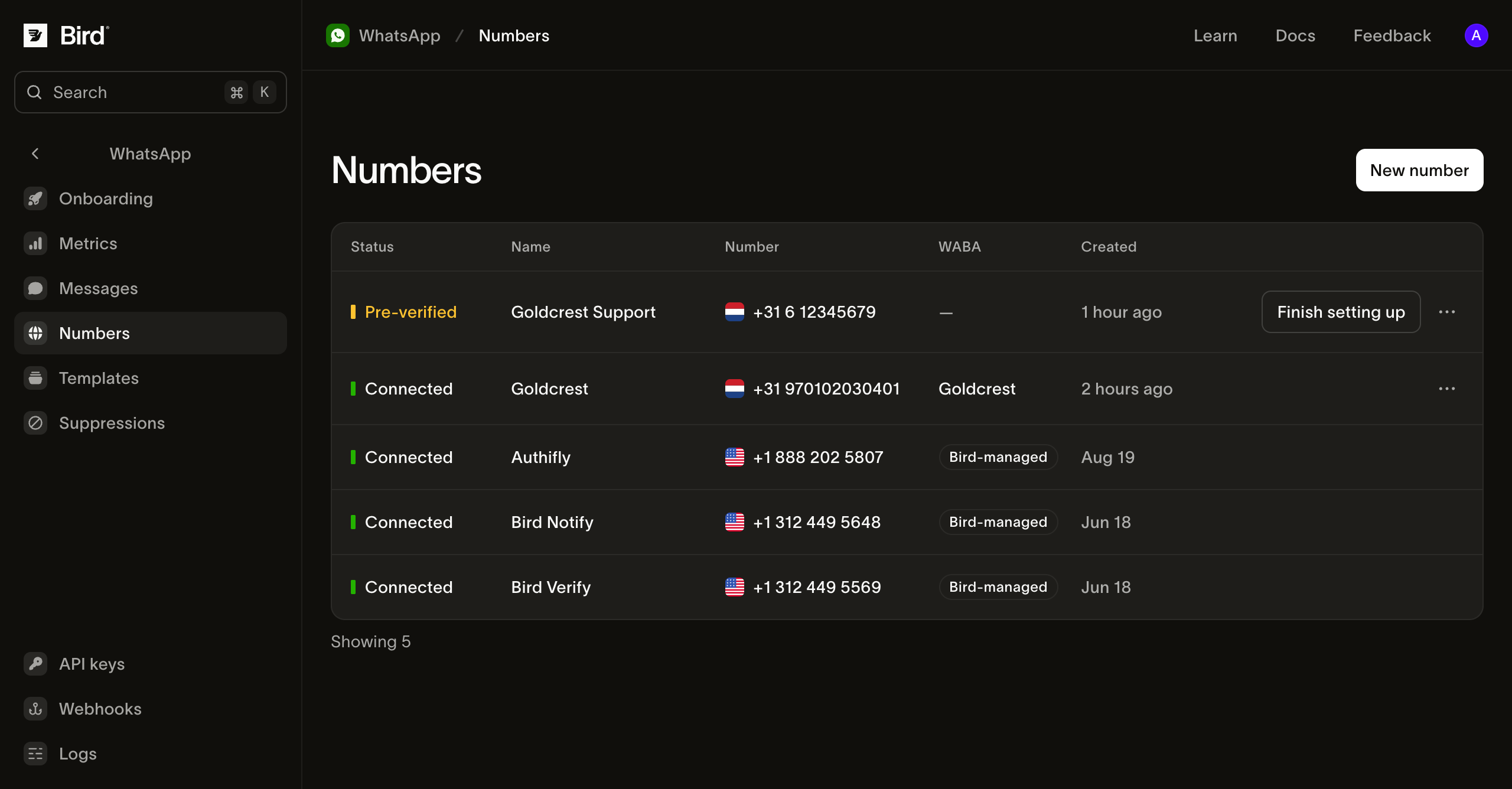 The WhatsApp Numbers page in the Bird dashboard: a table with Status, Name, Number, WABA, and Created columns, showing a Pre-verified number that still offers a Finish setting up action and a Connected one on the Goldcrest business account, above three Bird-managed numbers