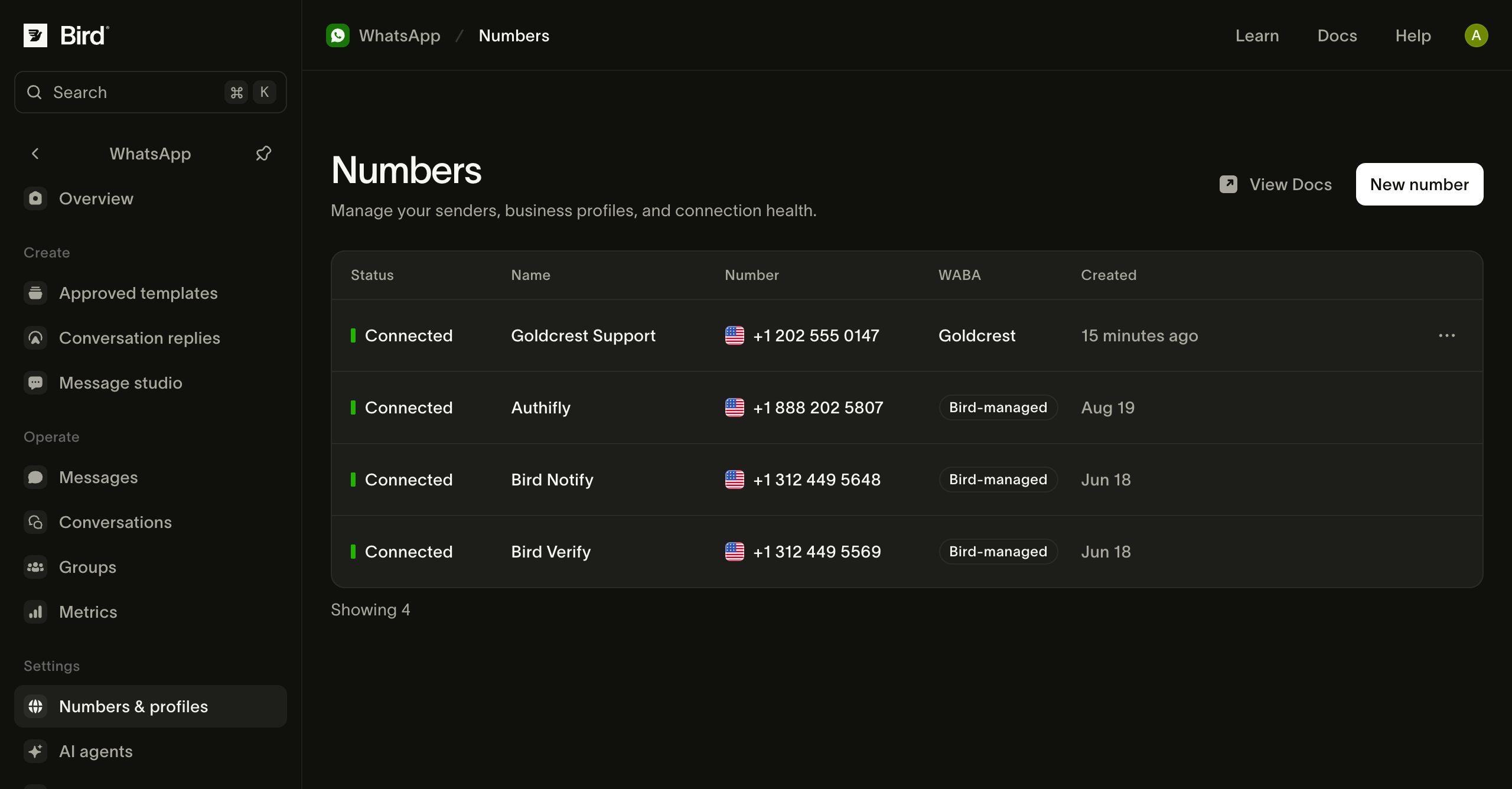 The WhatsApp numbers list in Bird showing a Connected number.