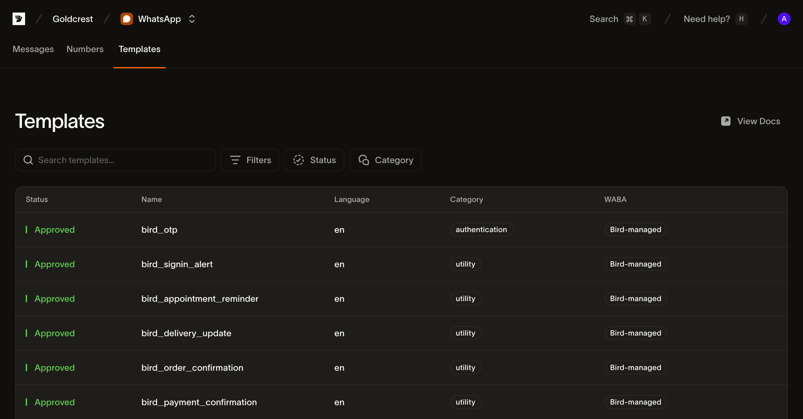 The WhatsApp Templates page in the Bird dashboard: a search box with Status and Category filters above a table of approved templates (bird_otp, bird_signin_alert, bird_appointment_reminder, bird_delivery_update), each row showing its Status, Name, an en Language, a Category of authentication or utility, and a Bird-managed WABA