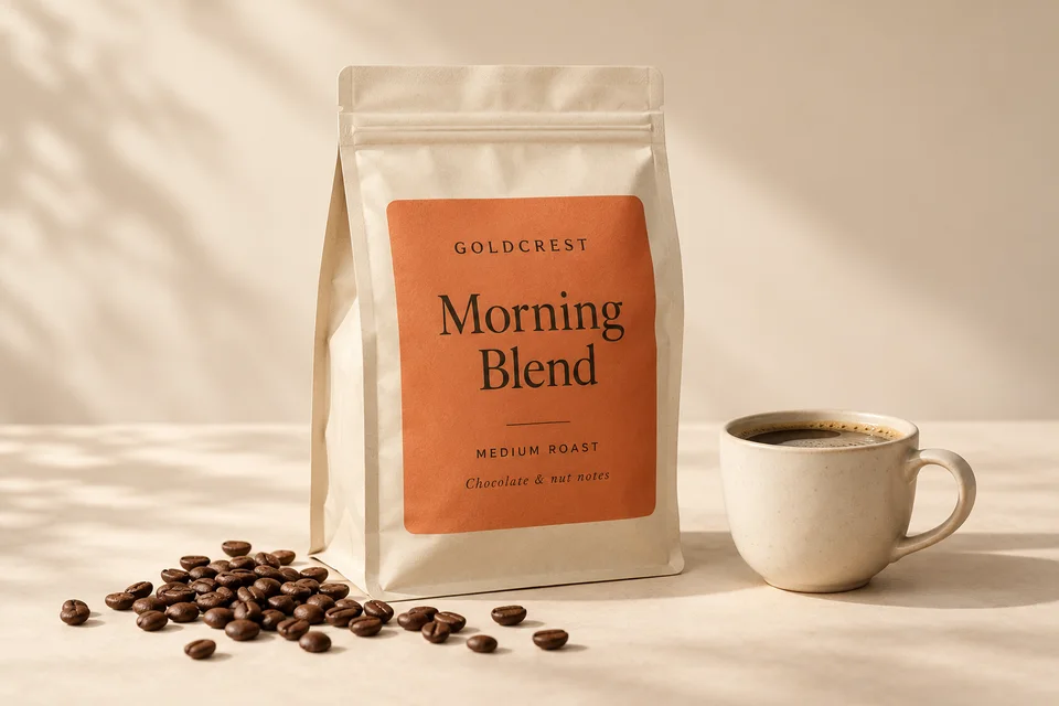 Goldcrest Morning Blend coffee pouch with a cup of coffee and roasted beans